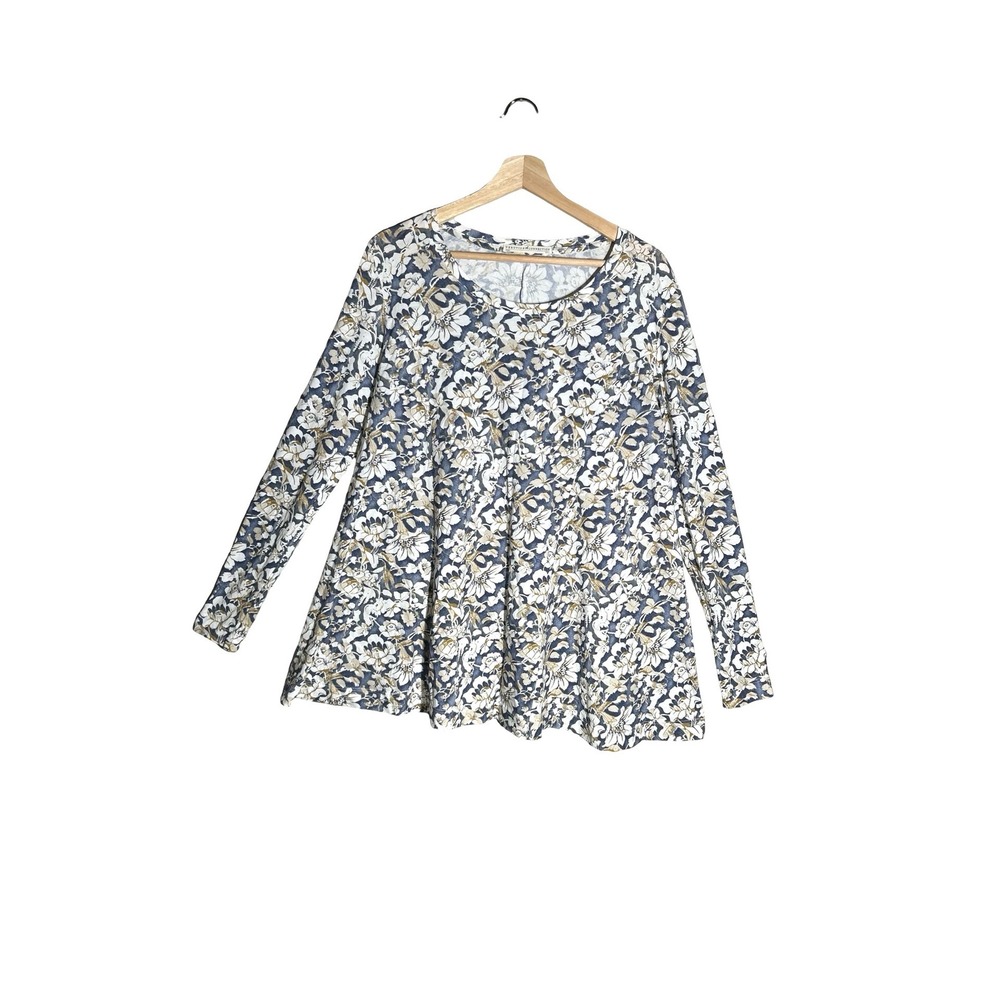 Peruvian Connection Floral Pima Cotton Long Sleeve Swing Top Blue White XS/S